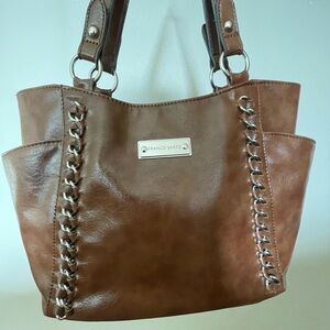 Franco Sarto Leather Tote with Chain Detail – Cognac Brown